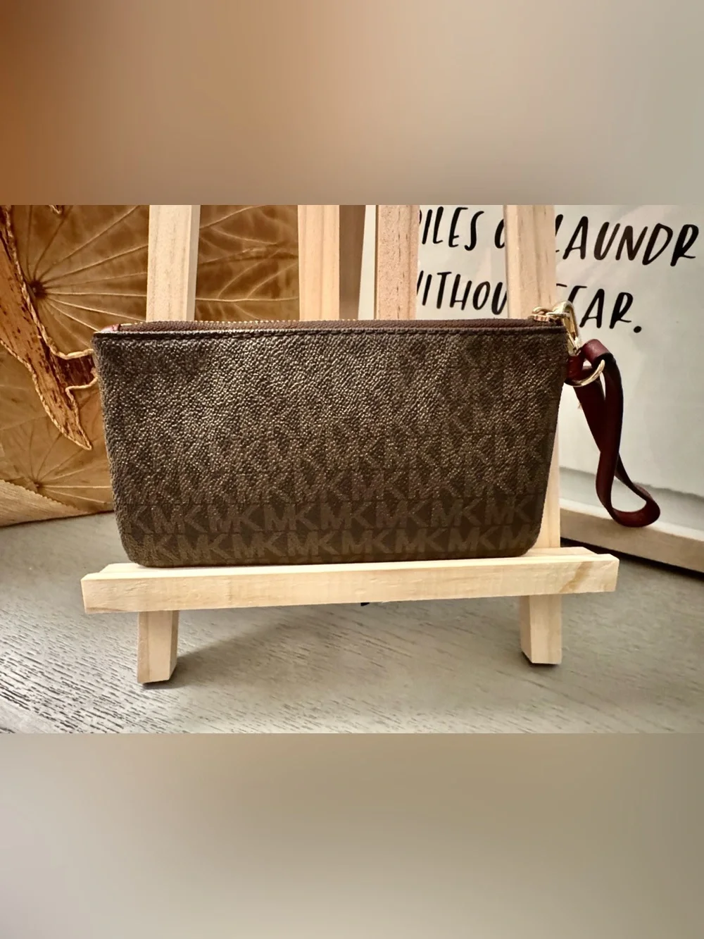 Michael Kors Signature Brown Logo Wristlet Zip Pouch
